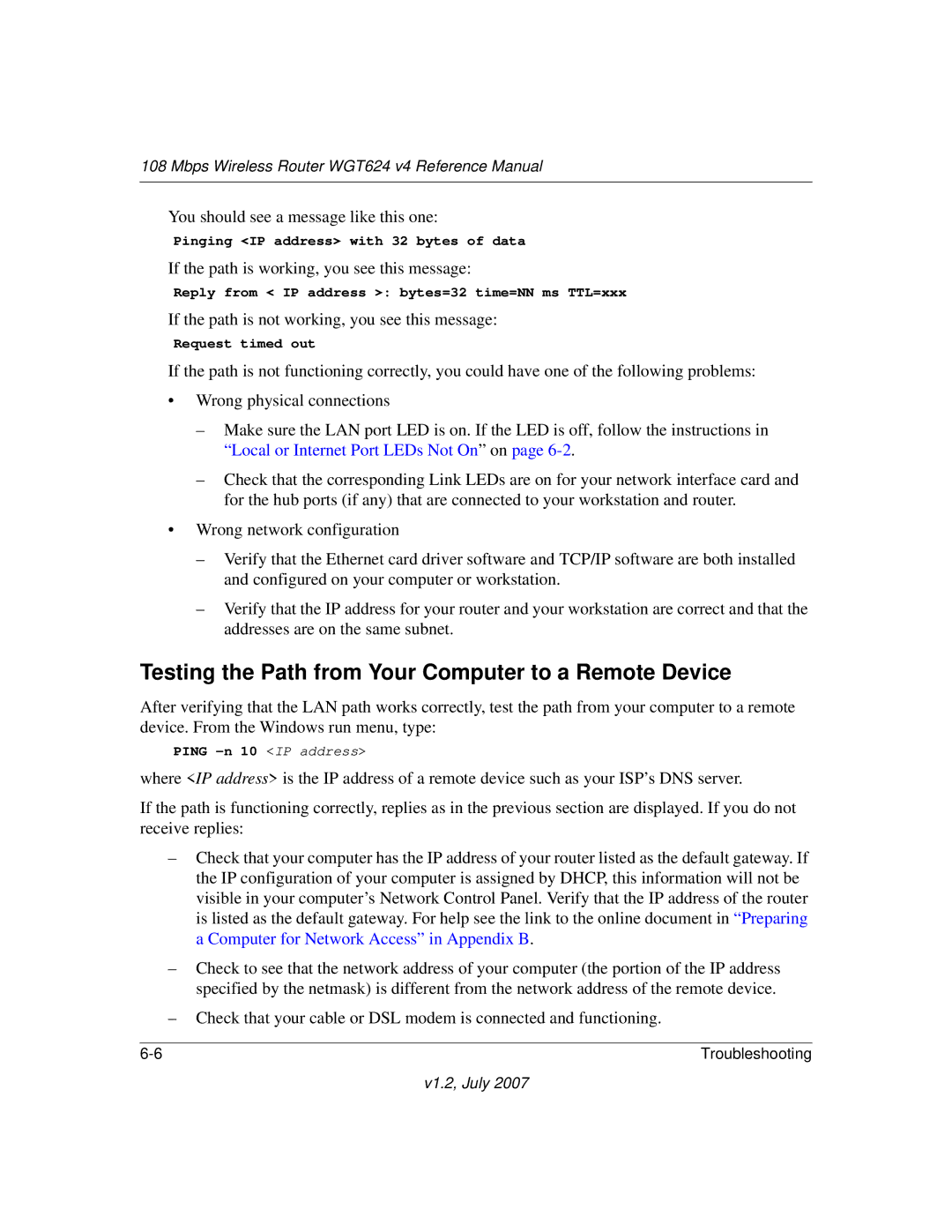 NETGEAR WGT624 manual Testing the Path from Your Computer to a Remote Device 