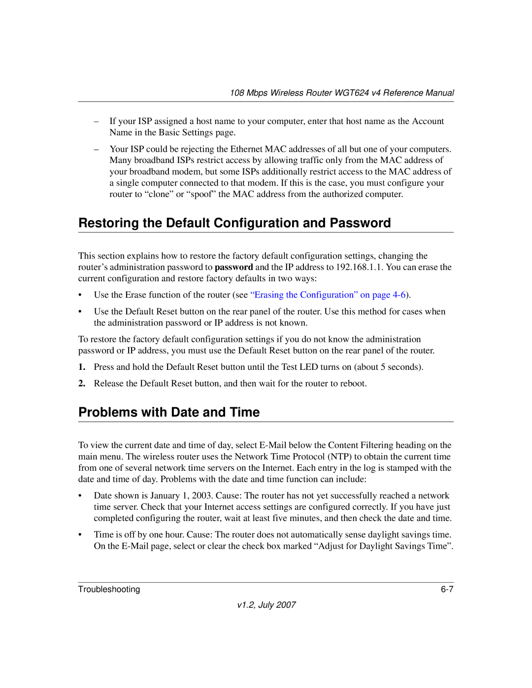 NETGEAR WGT624 manual Restoring the Default Configuration and Password, Problems with Date and Time 