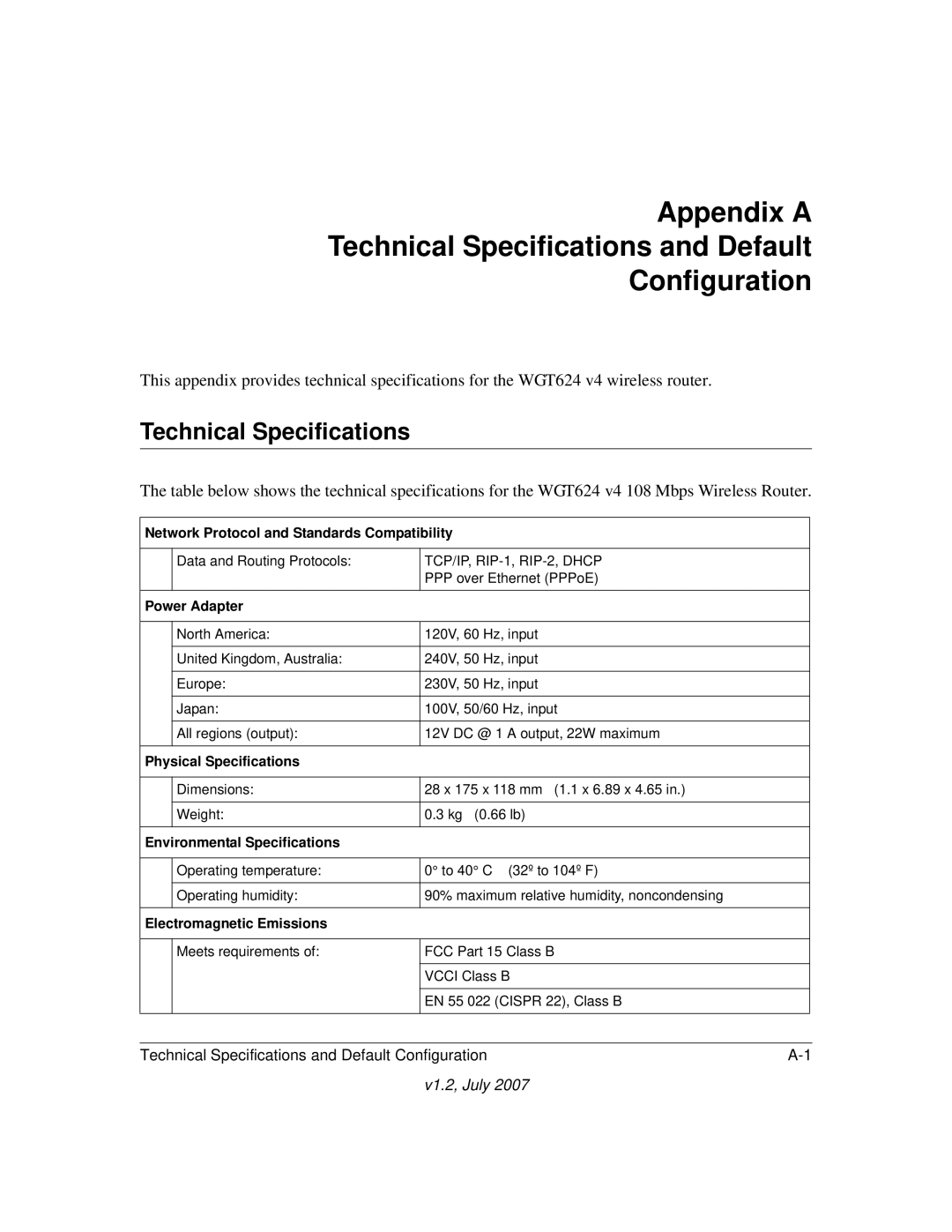 NETGEAR WGT624 manual Technical Specifications, Power Adapter 