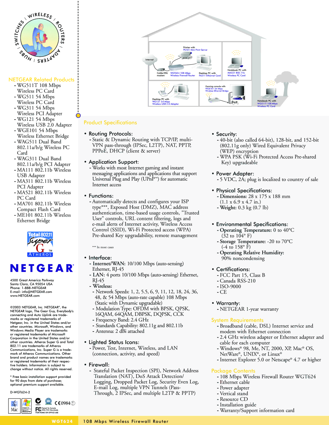 NETGEAR WGT624 manual Netgear Related Products, Product Specifications, System Requirements, Package Contents 