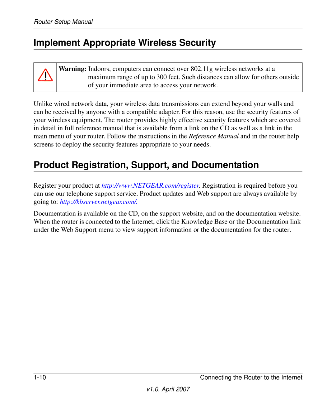 NETGEAR WGT624v4 manual Implement Appropriate Wireless Security, Product Registration, Support, and Documentation 