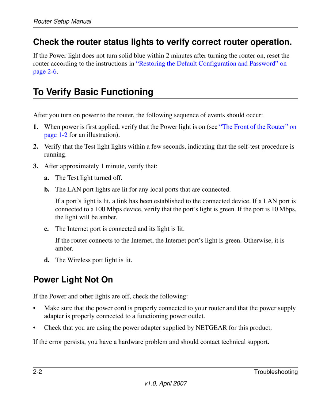 NETGEAR WGT624v4 manual To Verify Basic Functioning, Power Light Not On 