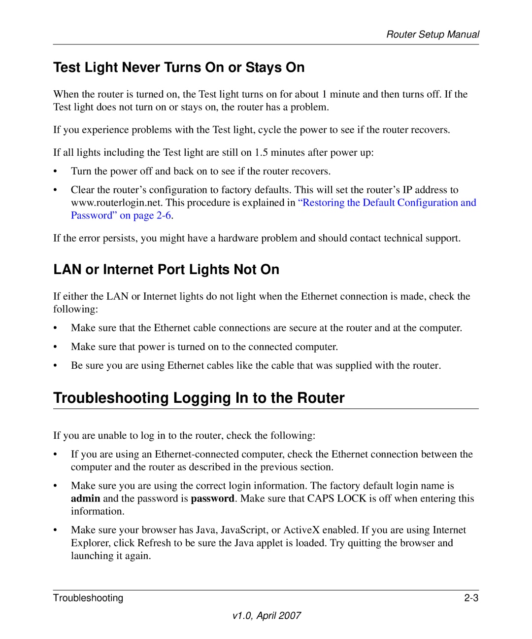 NETGEAR WGT624v4 manual Troubleshooting Logging In to the Router, Test Light Never Turns On or Stays On 