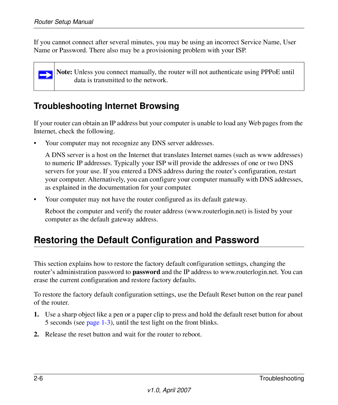 NETGEAR WGT624v4 manual Restoring the Default Configuration and Password, Troubleshooting Internet Browsing 