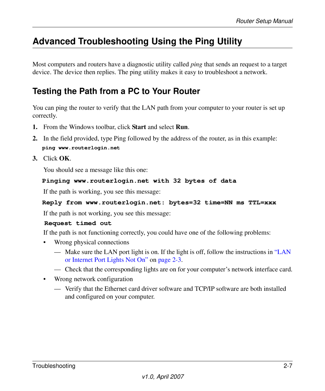 NETGEAR WGT624v4 manual Advanced Troubleshooting Using the Ping Utility, Testing the Path from a PC to Your Router 