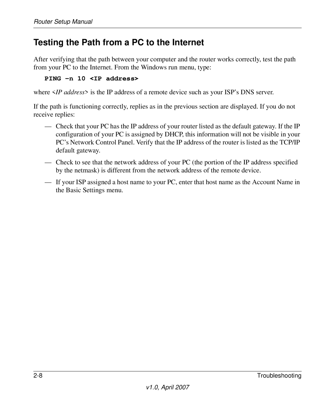 NETGEAR WGT624v4 manual Testing the Path from a PC to the Internet, Ping -n 10 IP address 