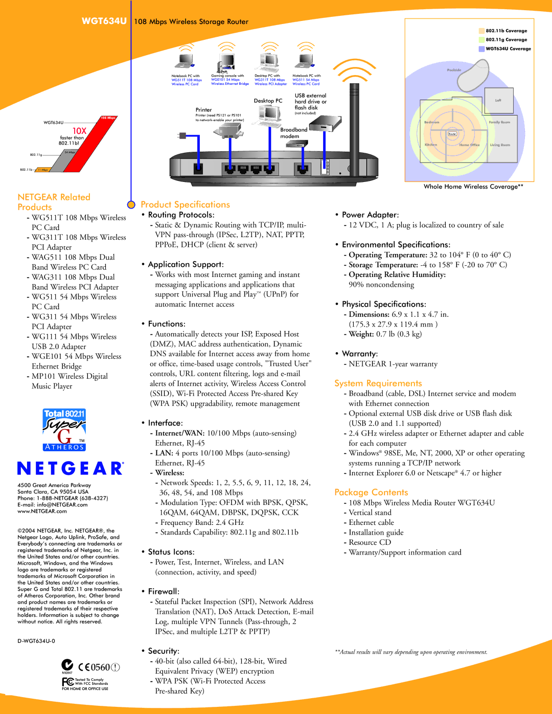 NETGEAR WGT634U manual Netgear Related Product Specifications Products, System Requirements, Package Contents 