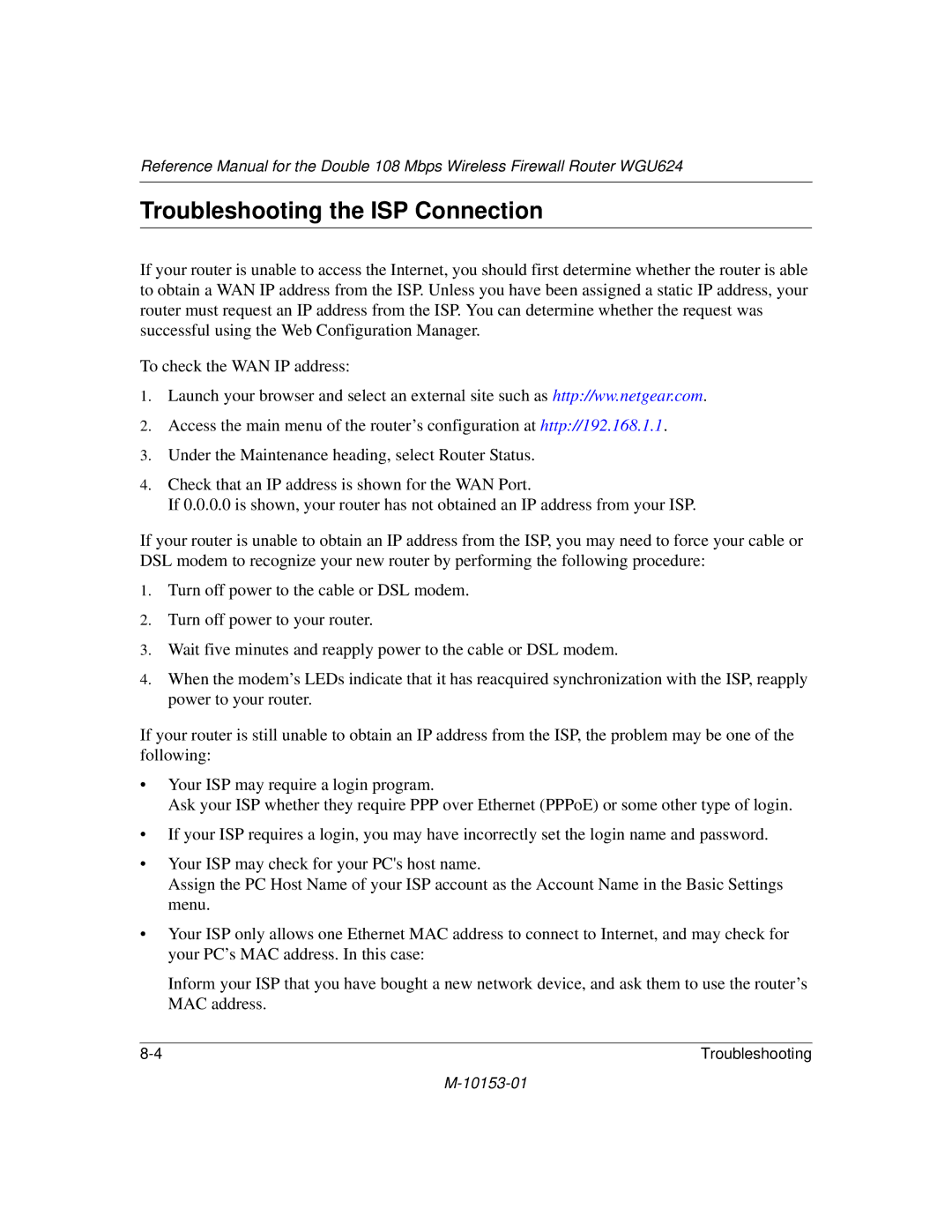 NETGEAR WGU624 manual Troubleshooting the ISP Connection 