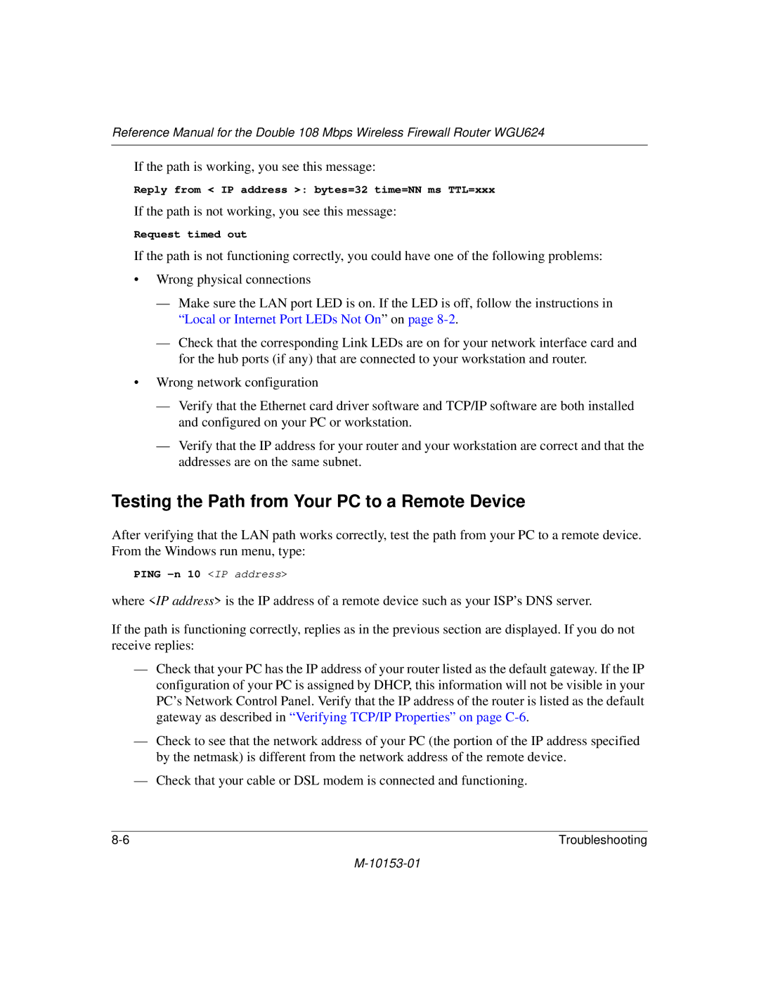 NETGEAR WGU624 manual Testing the Path from Your PC to a Remote Device 