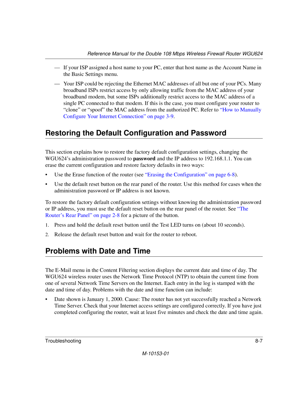 NETGEAR WGU624 manual Restoring the Default Configuration and Password, Problems with Date and Time 