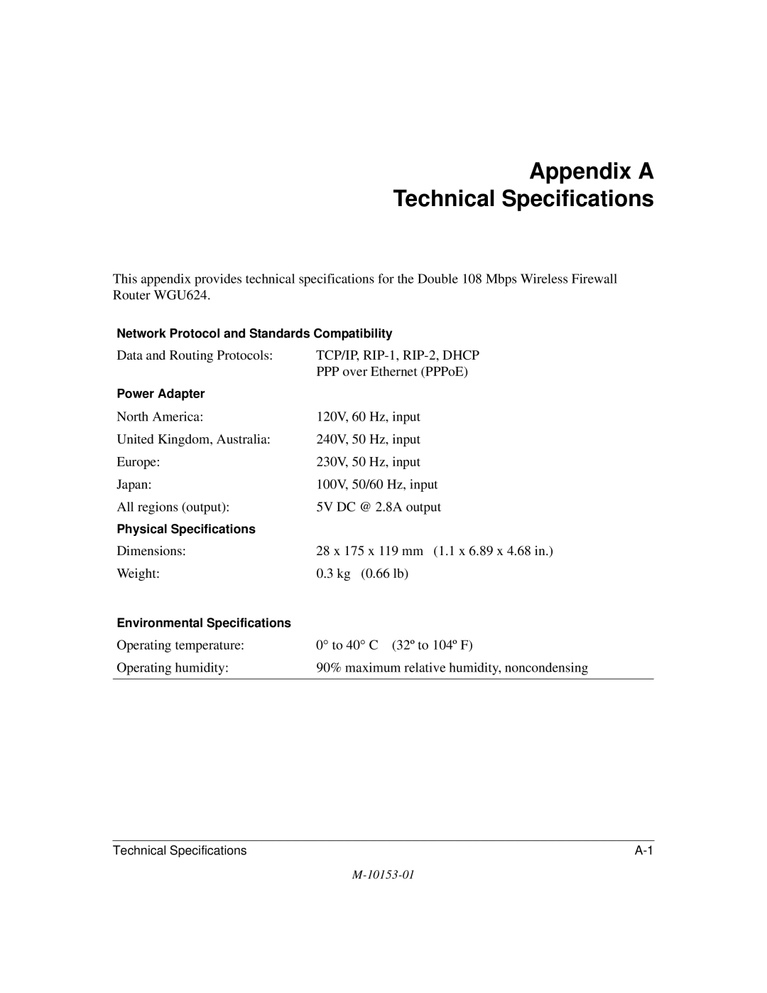 NETGEAR WGU624 manual Appendix a Technical Specifications, Network Protocol and Standards Compatibility, Power Adapter 