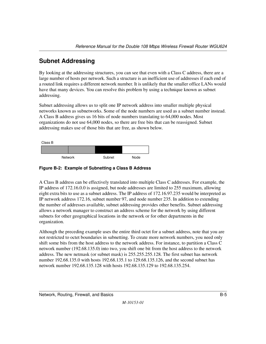 NETGEAR WGU624 manual Subnet Addressing, Figure B-2 Example of Subnetting a Class B Address 