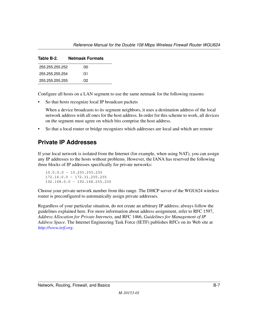 NETGEAR WGU624 manual Private IP Addresses 