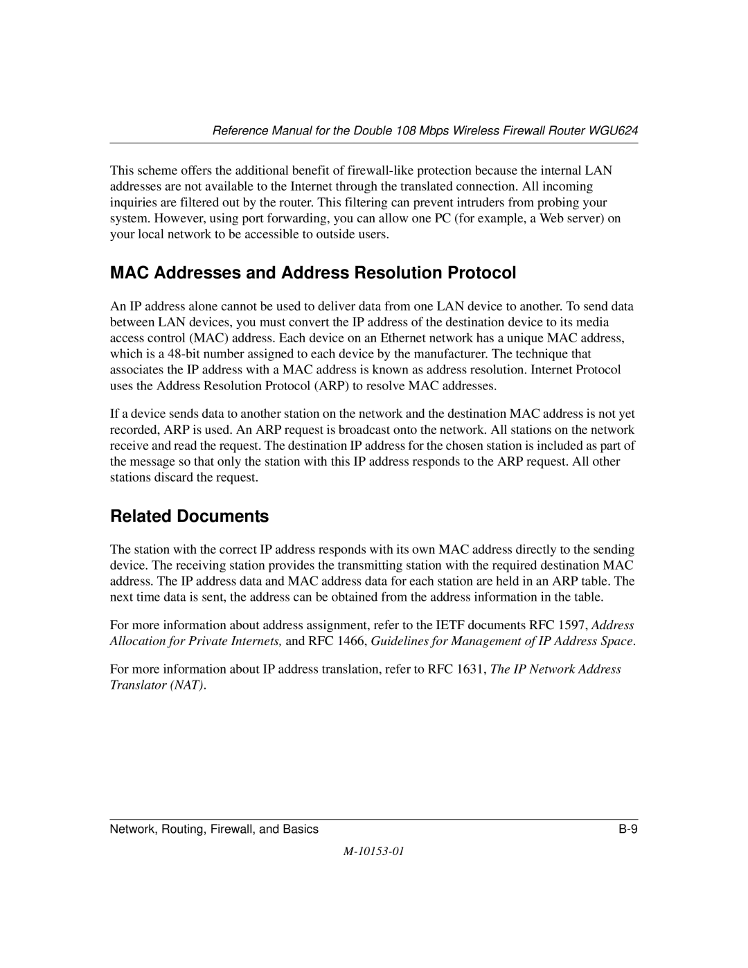 NETGEAR WGU624 manual MAC Addresses and Address Resolution Protocol, Related Documents 