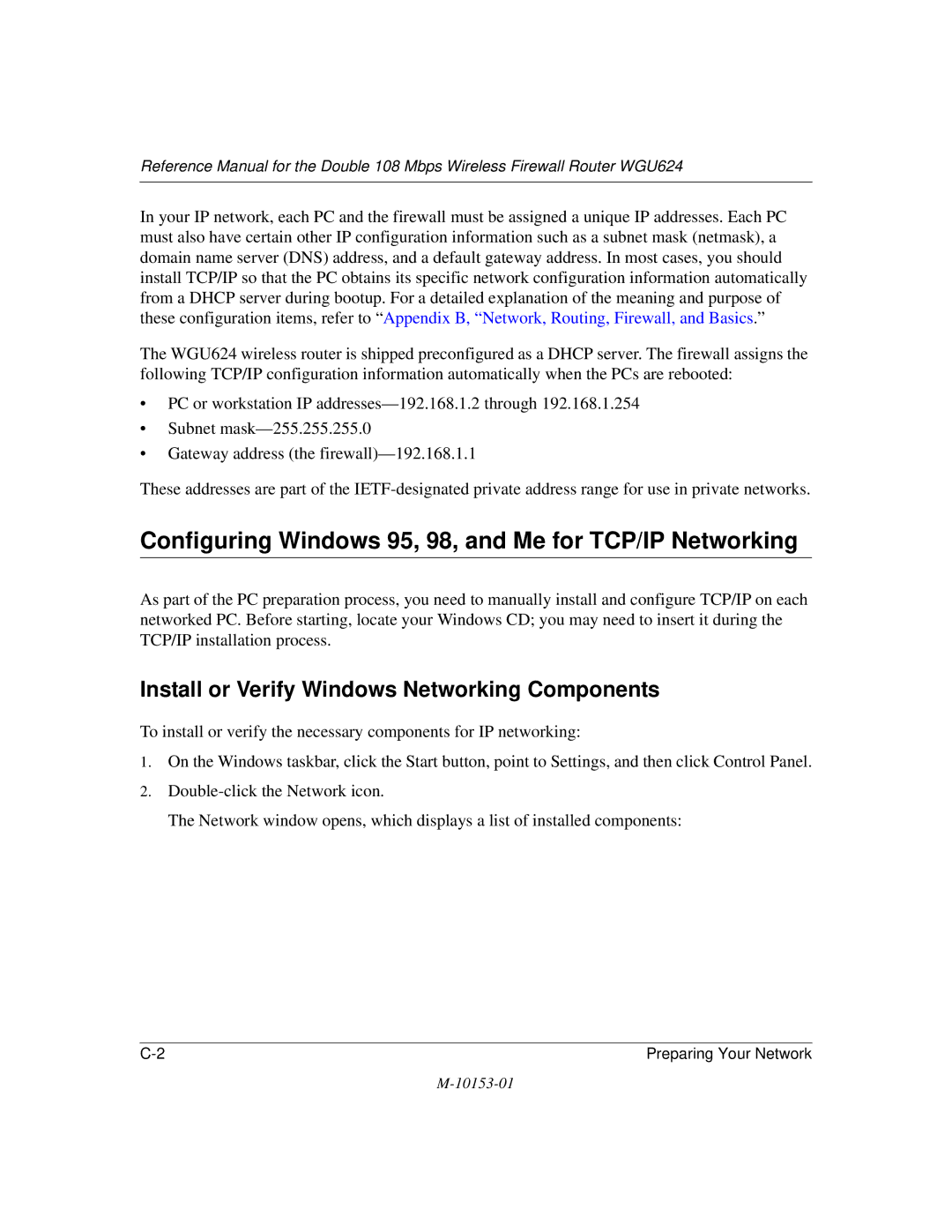 NETGEAR WGU624 Configuring Windows 95, 98, and Me for TCP/IP Networking, Install or Verify Windows Networking Components 