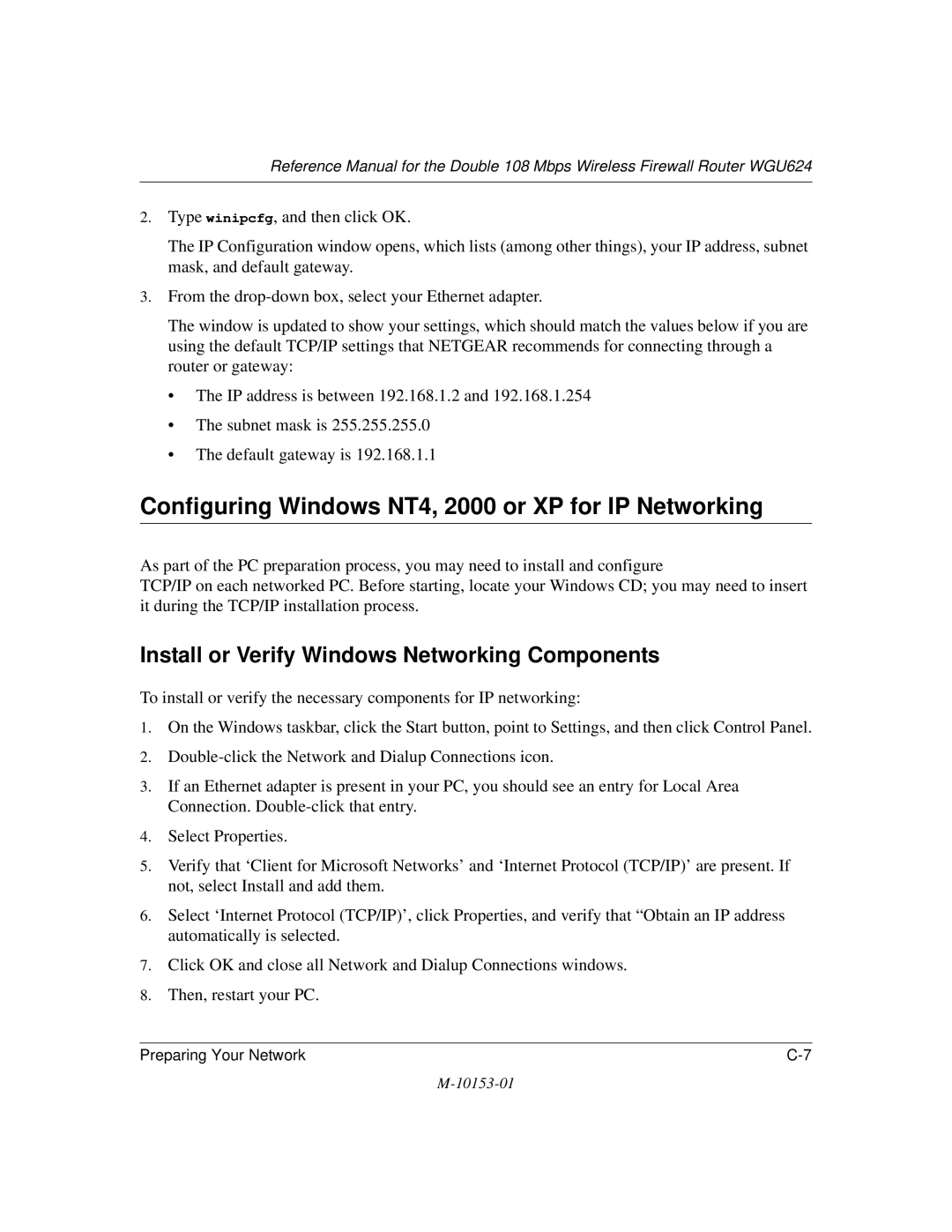 NETGEAR WGU624 Configuring Windows NT4, 2000 or XP for IP Networking, Install or Verify Windows Networking Components 