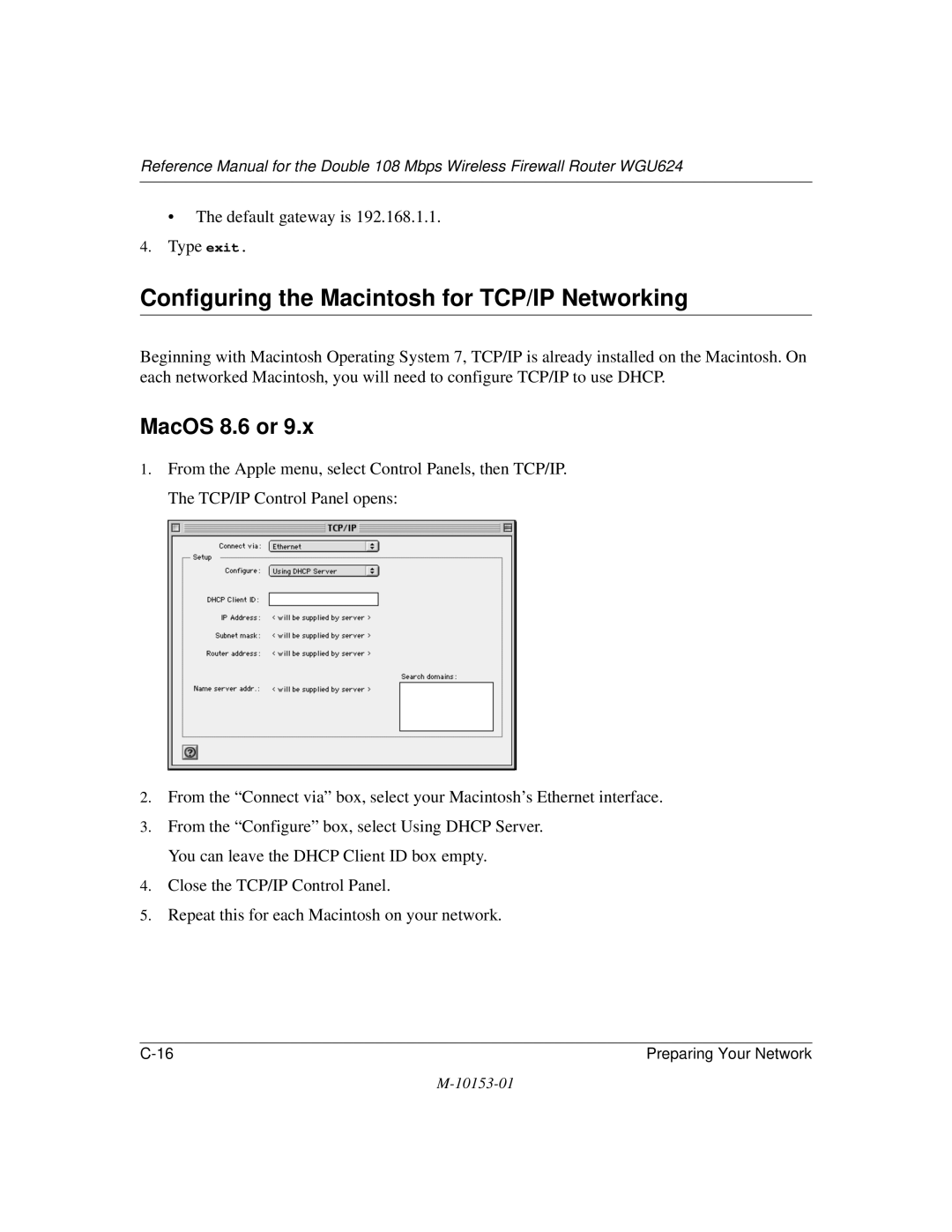 NETGEAR WGU624 manual Configuring the Macintosh for TCP/IP Networking, MacOS 8.6 or 