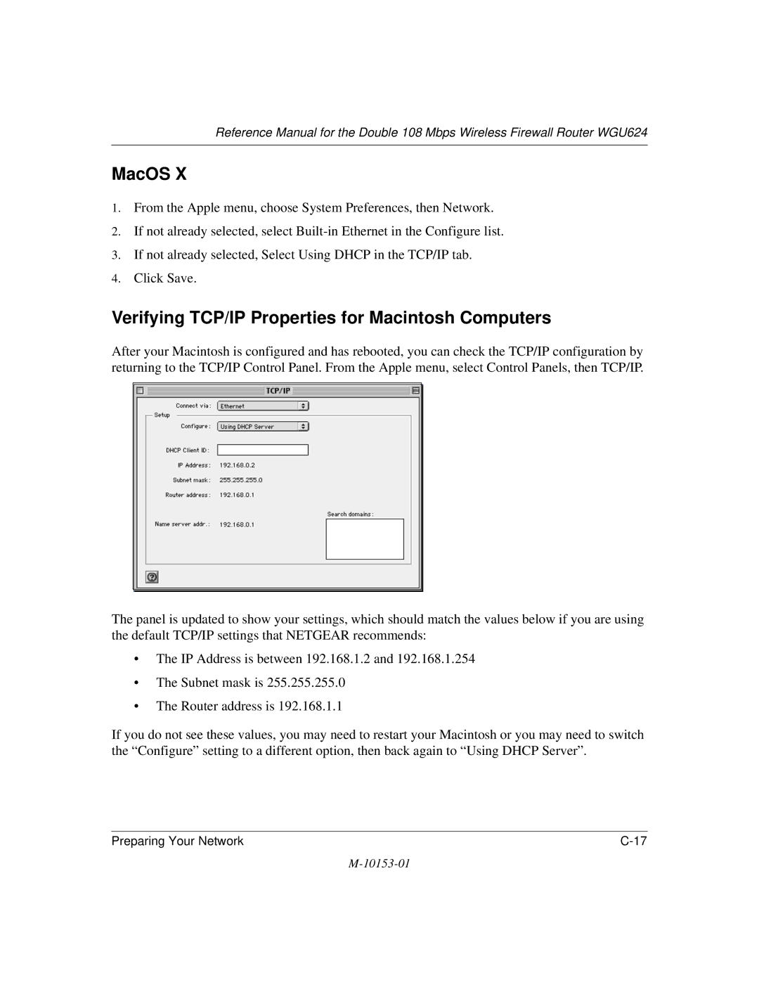 NETGEAR WGU624 manual MacOS, Verifying TCP/IP Properties for Macintosh Computers 