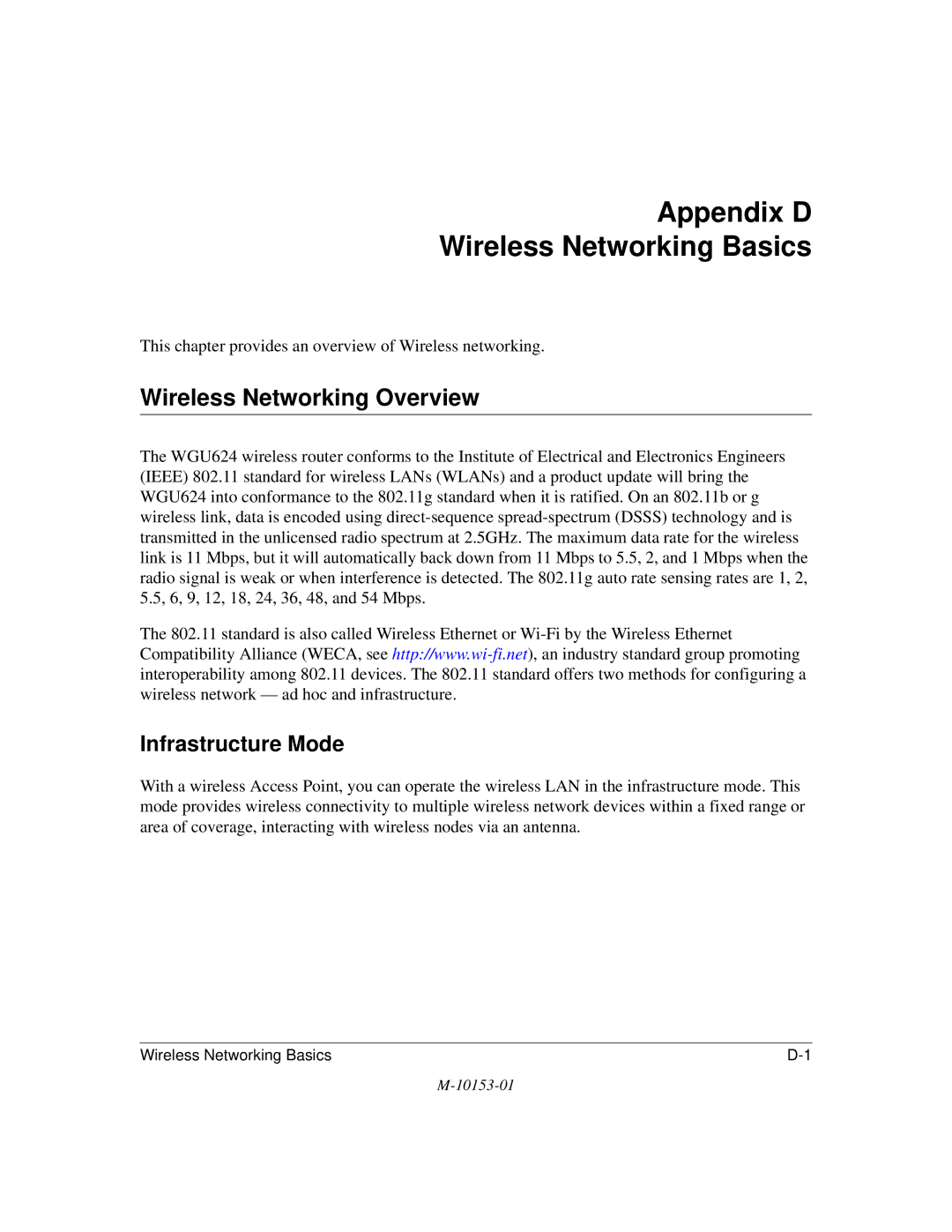 NETGEAR WGU624 manual Appendix D Wireless Networking Basics, Wireless Networking Overview, Infrastructure Mode 