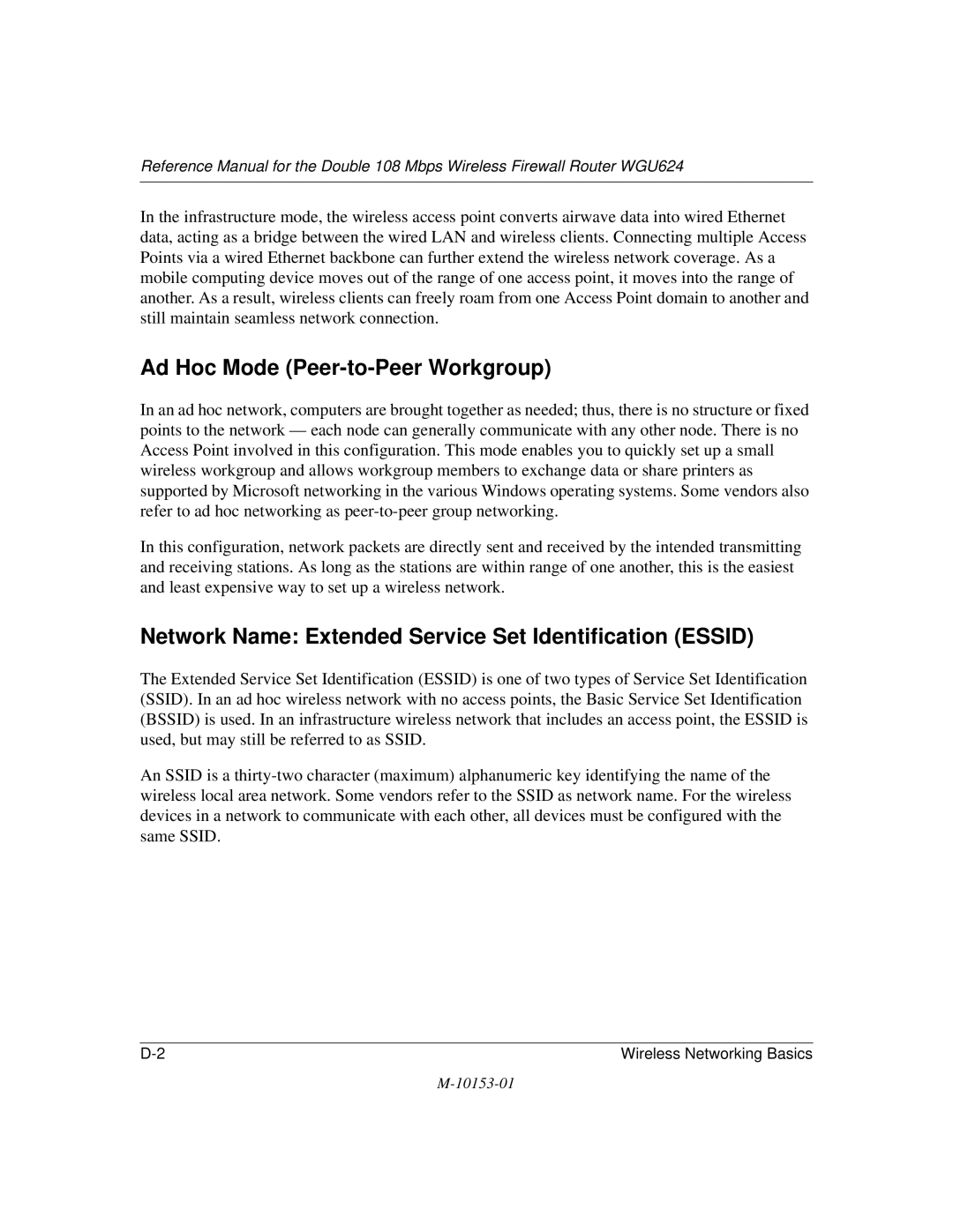 NETGEAR WGU624 manual Ad Hoc Mode Peer-to-Peer Workgroup, Network Name Extended Service Set Identification Essid 