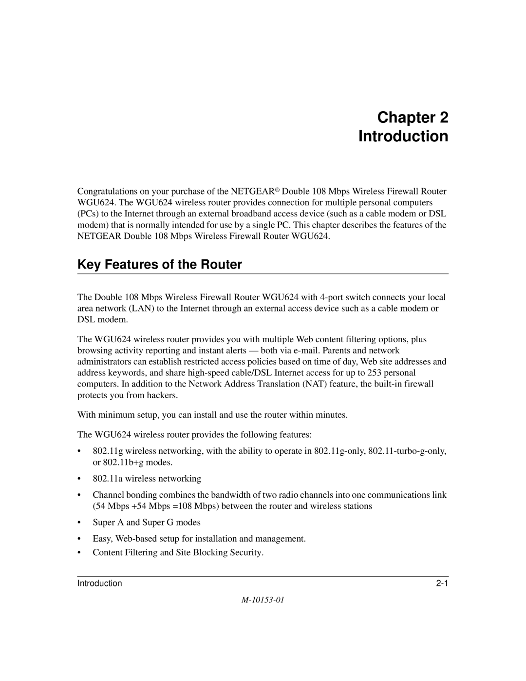 NETGEAR WGU624 manual Chapter Introduction, Key Features of the Router 