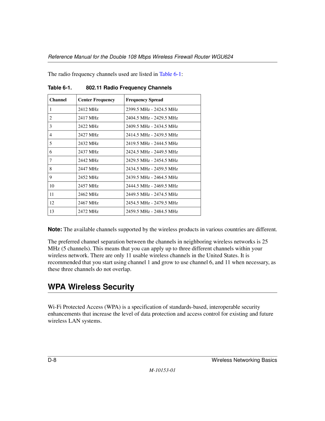 NETGEAR WGU624 manual WPA Wireless Security, Radio Frequency Channels 