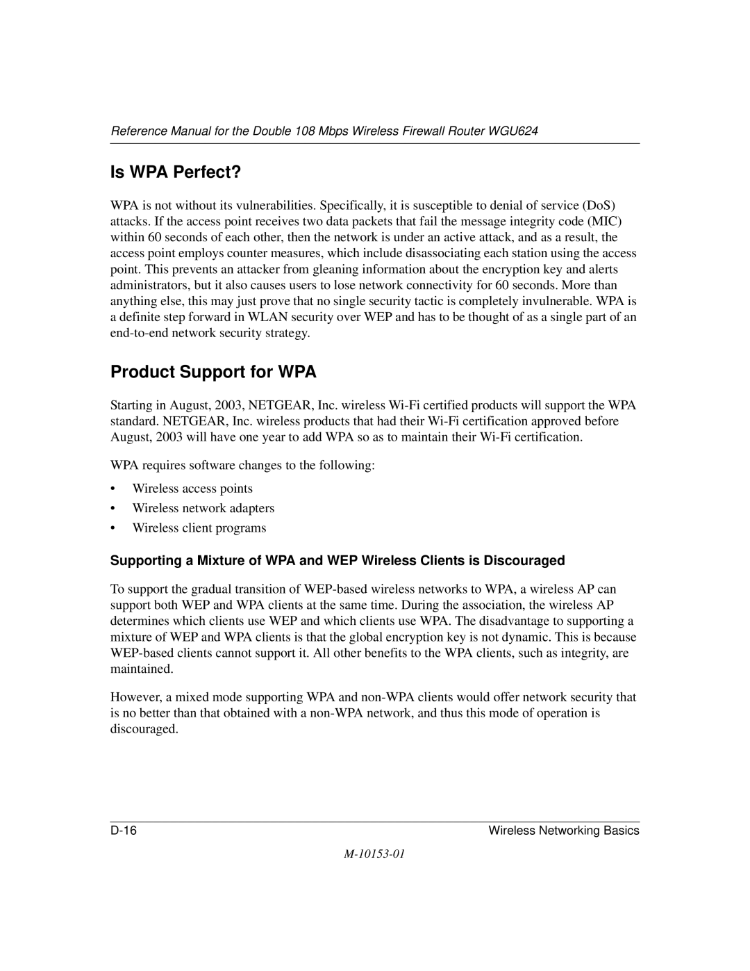 NETGEAR WGU624 manual Is WPA Perfect?, Product Support for WPA 