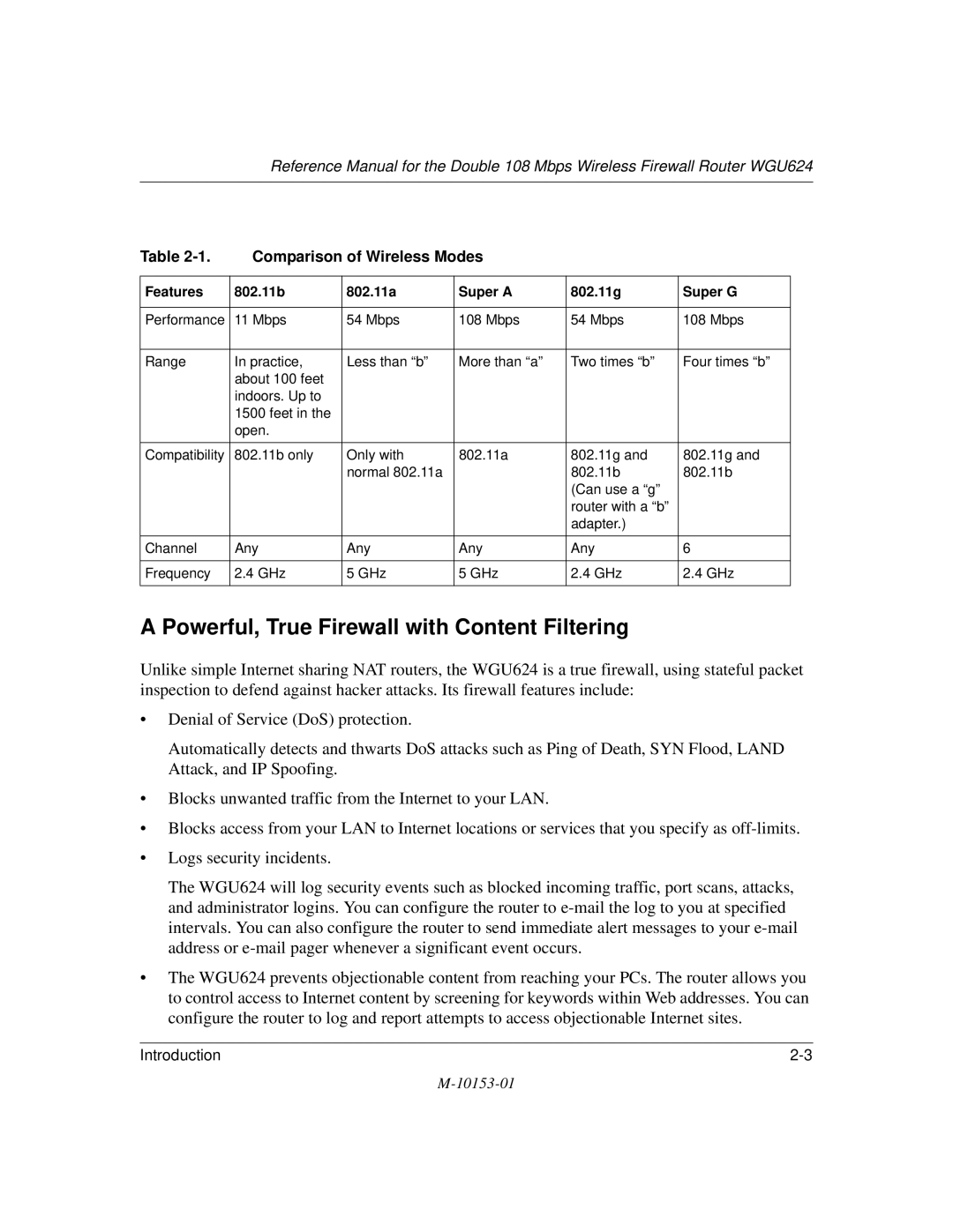 NETGEAR WGU624 manual Powerful, True Firewall with Content Filtering, Comparison of Wireless Modes 