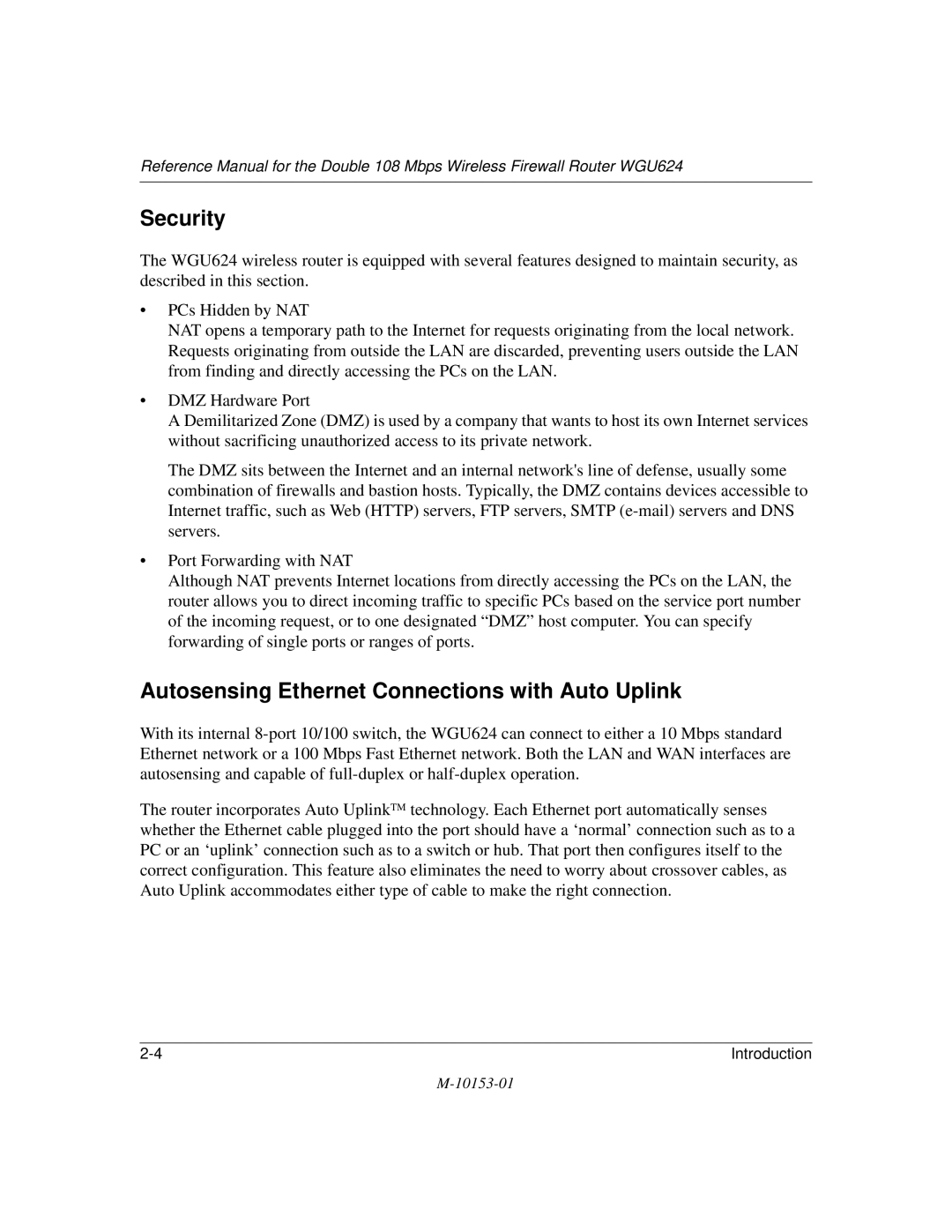 NETGEAR WGU624 manual Security, Autosensing Ethernet Connections with Auto Uplink 