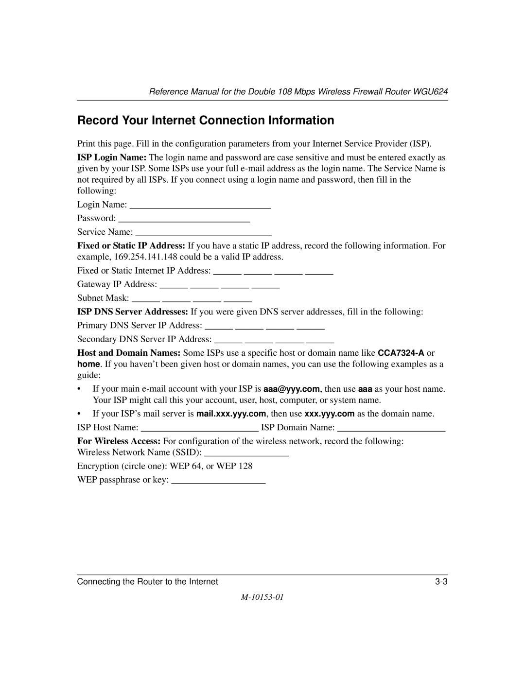 NETGEAR WGU624 manual Record Your Internet Connection Information 