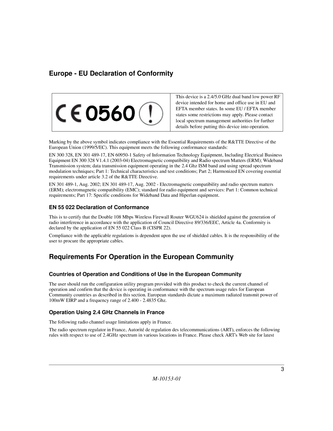 NETGEAR WGU624 manual EN 55 022 Declaration of Conformance, Operation Using 2.4 GHz Channels in France 