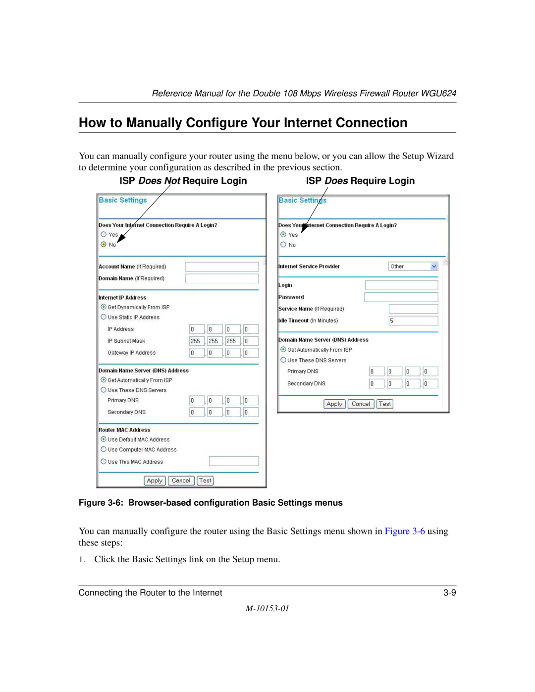 NETGEAR WGU624 manual How to Manually Configure Your Internet Connection, Browser-based configuration Basic Settings menus 