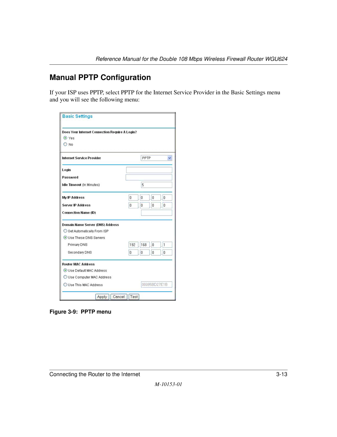 NETGEAR WGU624 manual Manual Pptp Configuration, Pptp menu 