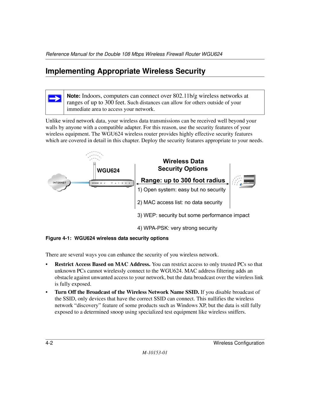 NETGEAR manual Implementing Appropriate Wireless Security, WGU624 wireless data security options 