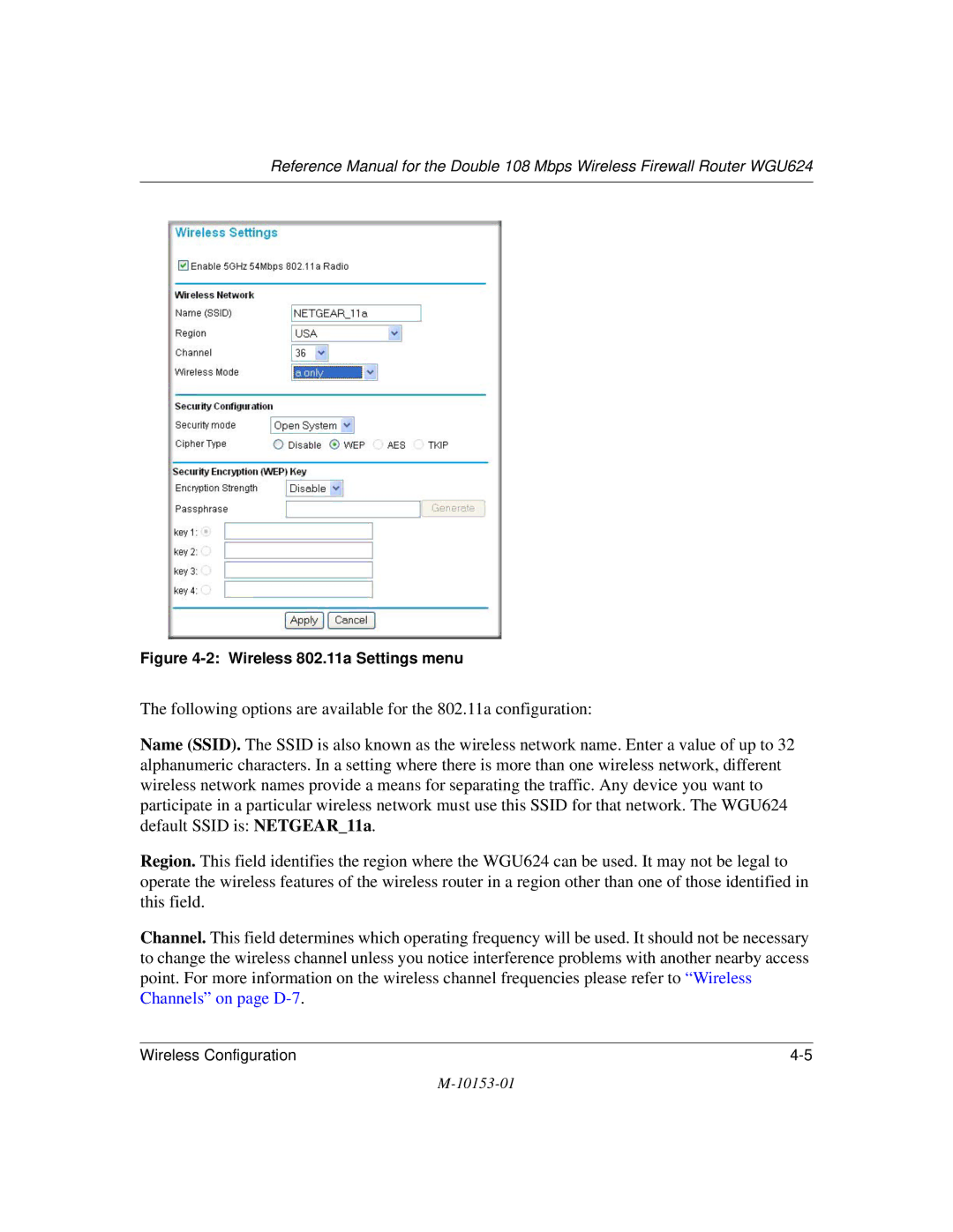 NETGEAR WGU624 manual Wireless 802.11a Settings menu 