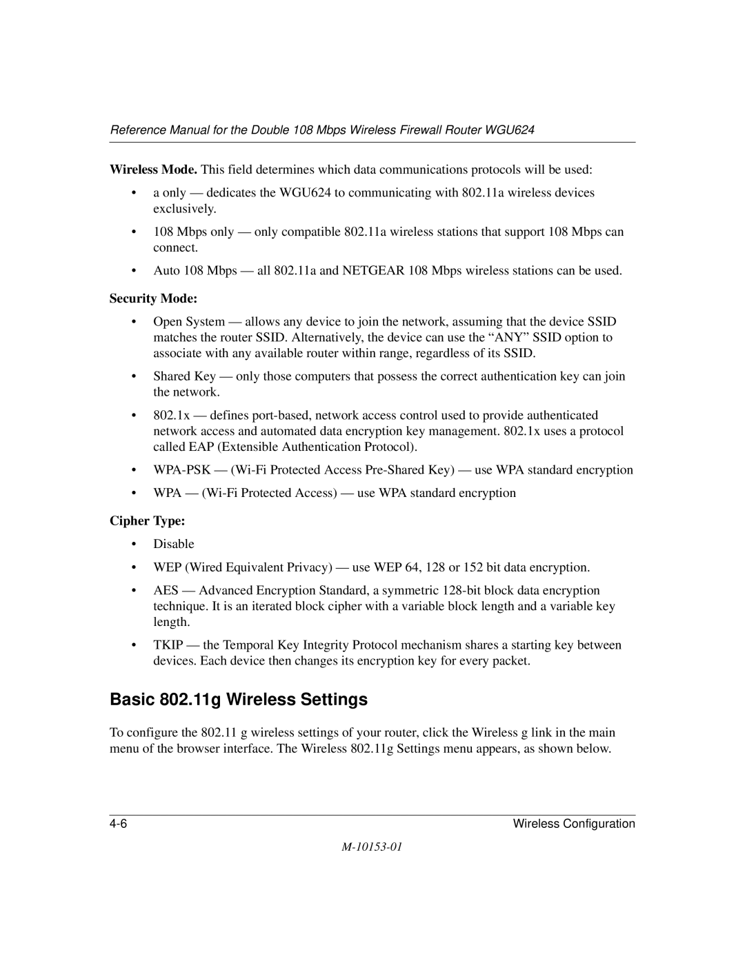 NETGEAR WGU624 manual Basic 802.11g Wireless Settings, Security Mode 