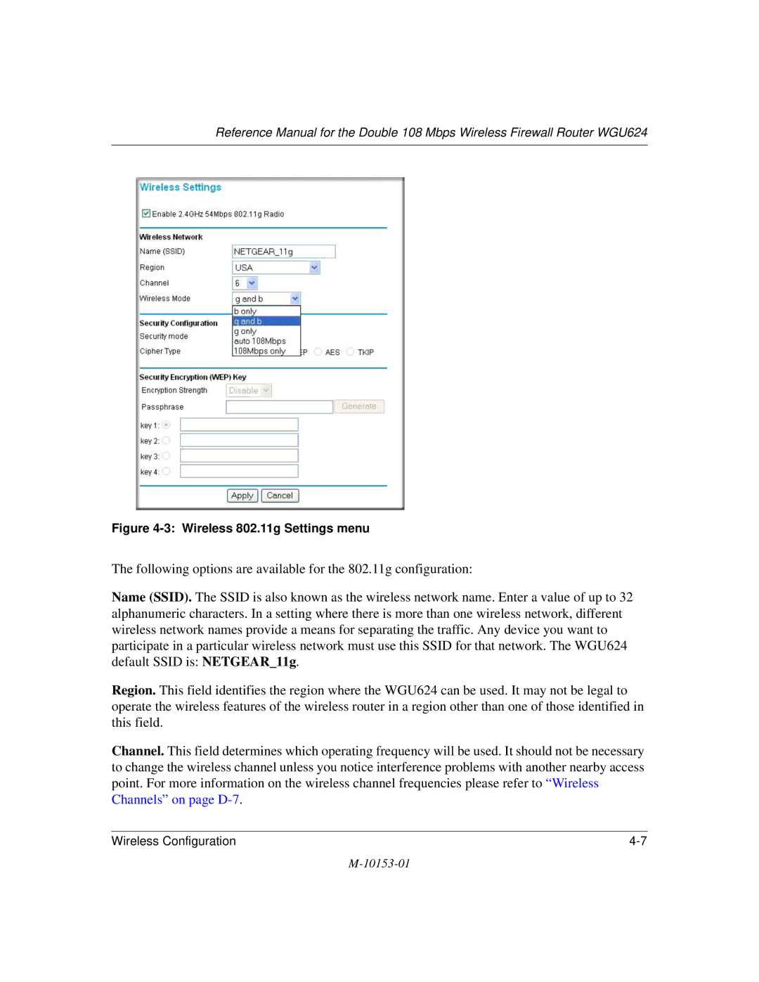 NETGEAR WGU624 manual Wireless 802.11g Settings menu 