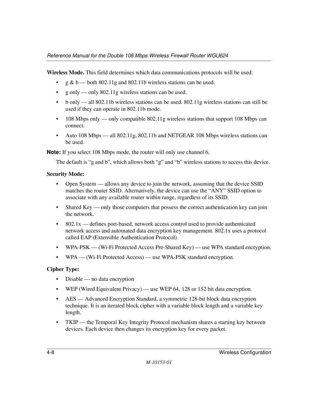 NETGEAR WGU624 manual Security Mode 