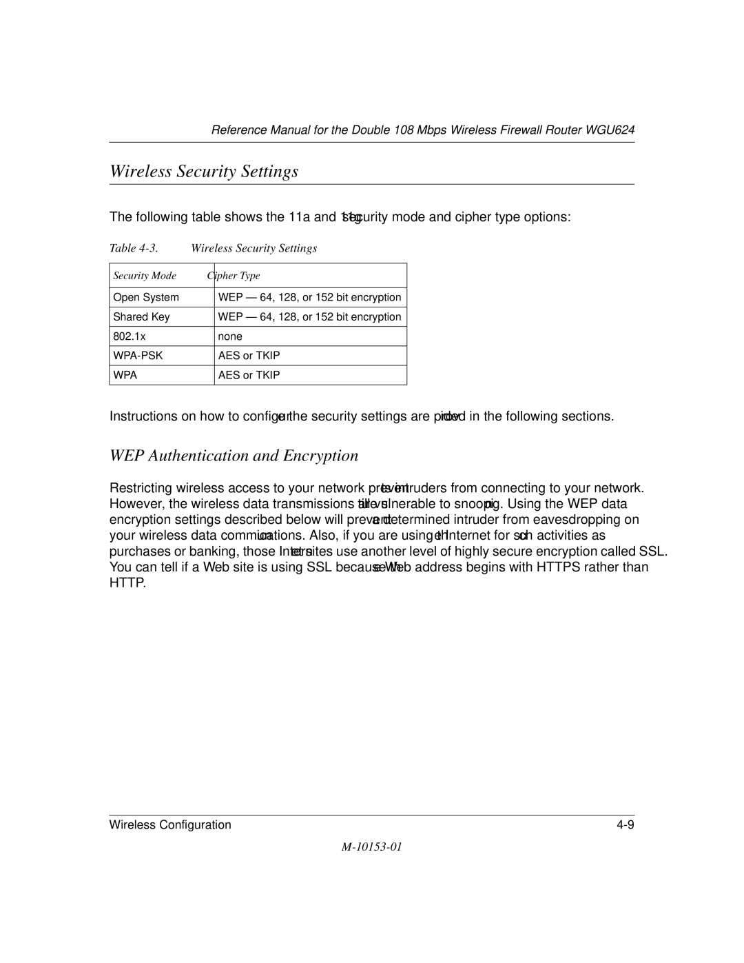 NETGEAR WGU624 manual Wireless Security Settings, WEP Authentication and Encryption 