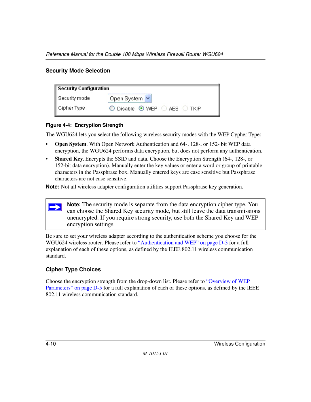 NETGEAR WGU624 manual Security Mode Selection 