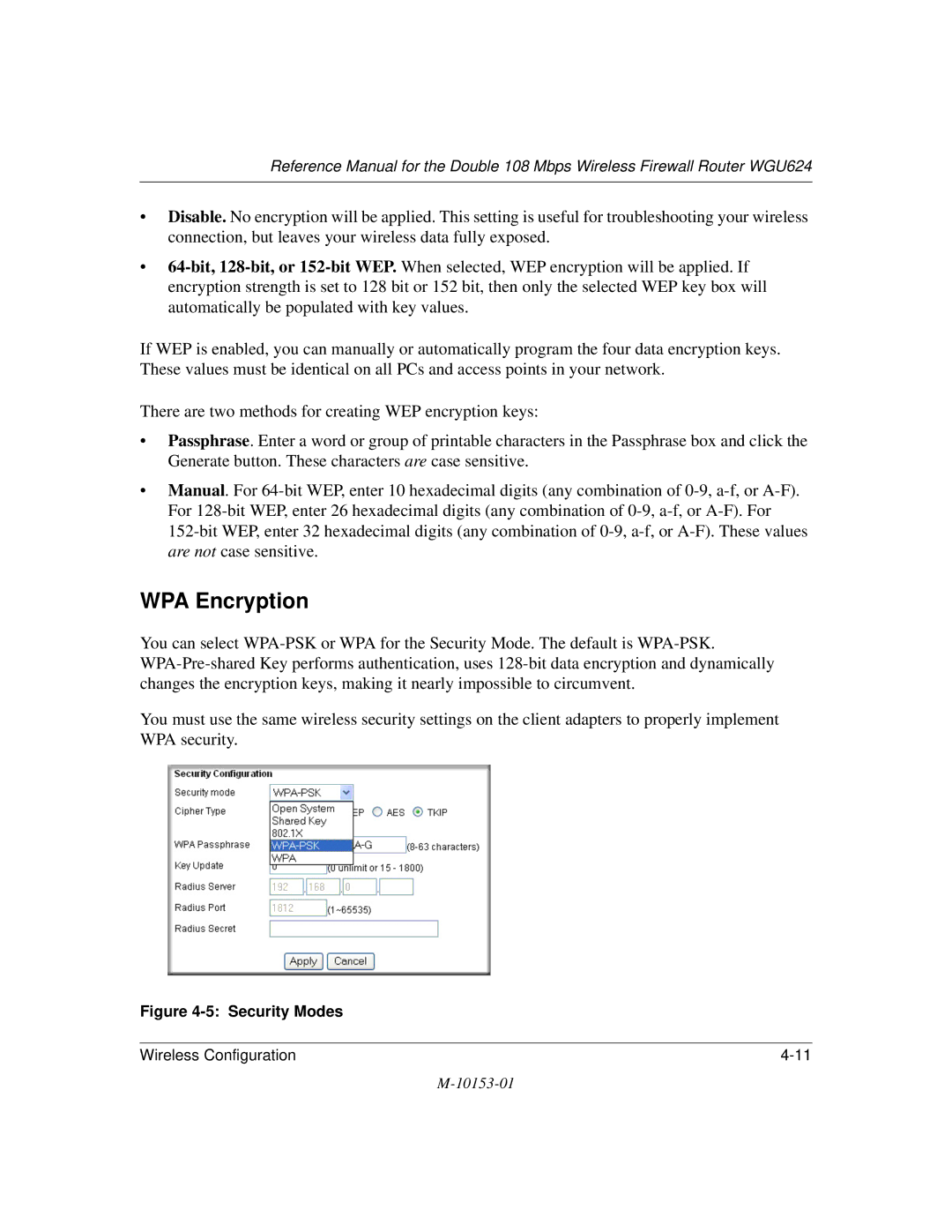 NETGEAR WGU624 manual WPA Encryption, Security Modes 