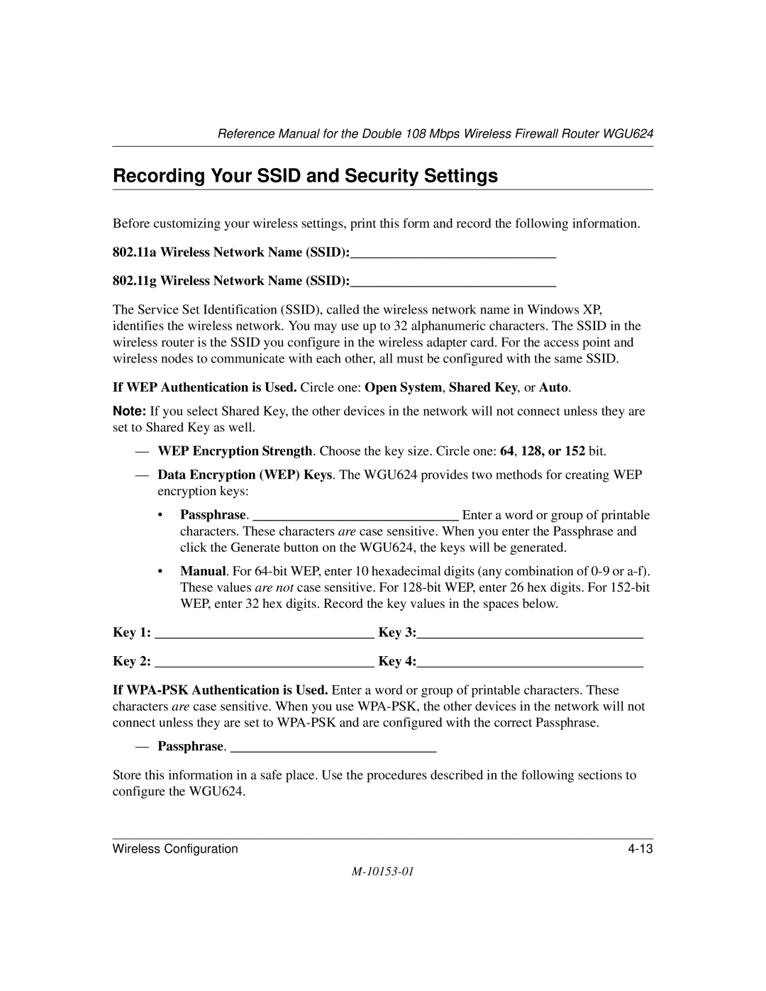 NETGEAR WGU624 manual Recording Your Ssid and Security Settings 