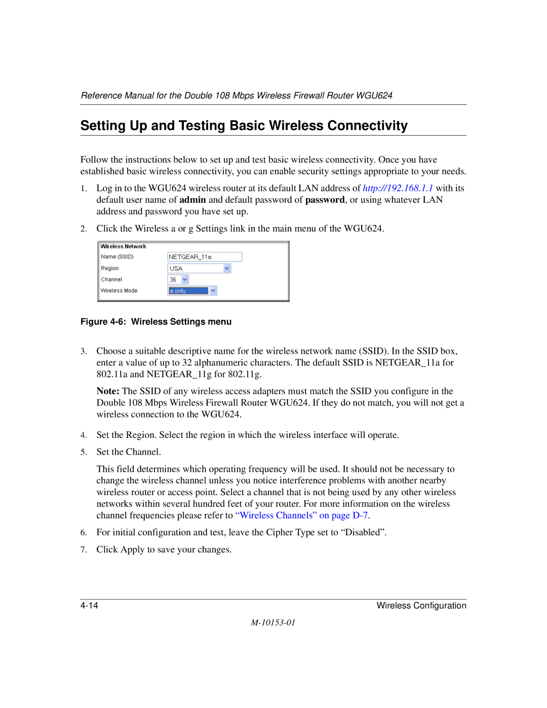 NETGEAR WGU624 manual Setting Up and Testing Basic Wireless Connectivity, Wireless Settings menu 