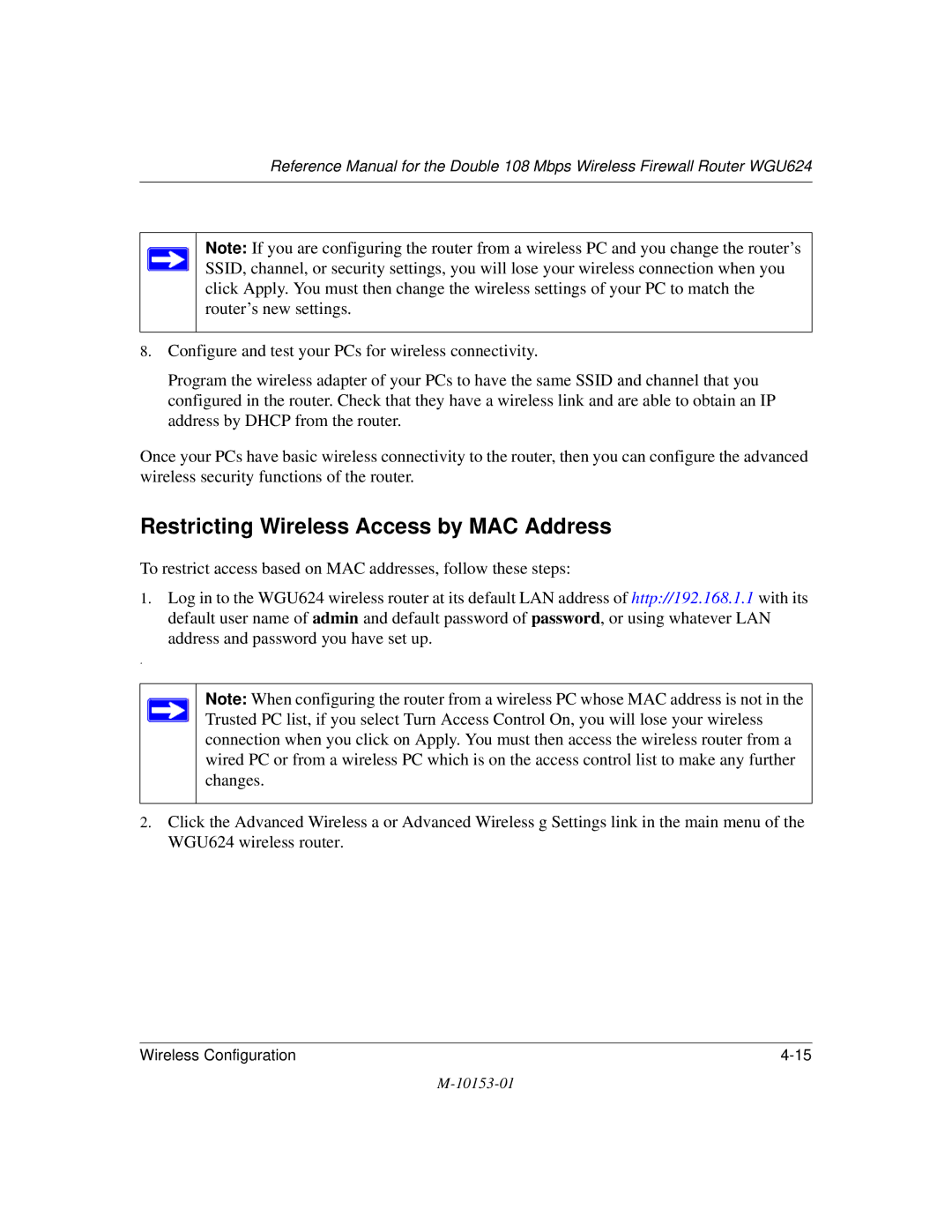 NETGEAR WGU624 manual Restricting Wireless Access by MAC Address 