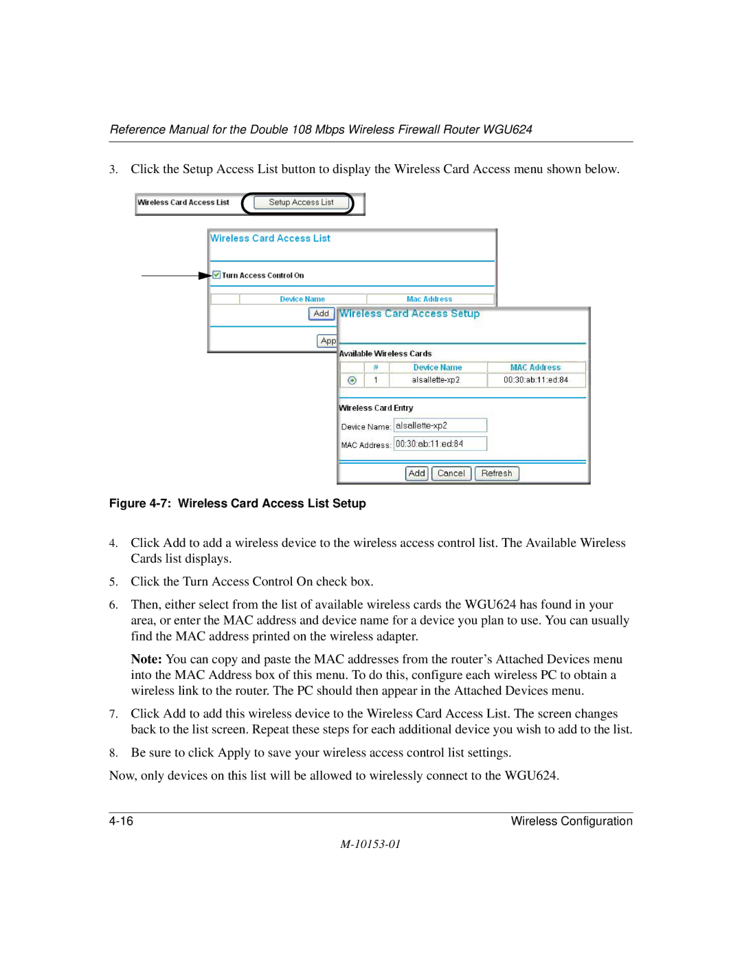 NETGEAR WGU624 manual Wireless Card Access List Setup 