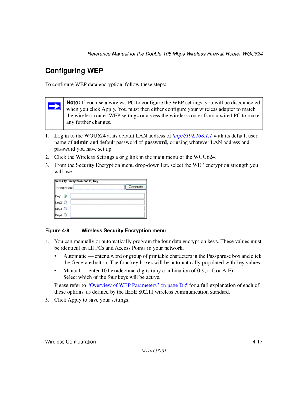 NETGEAR WGU624 manual Configuring WEP, Wireless Security Encryption menu 