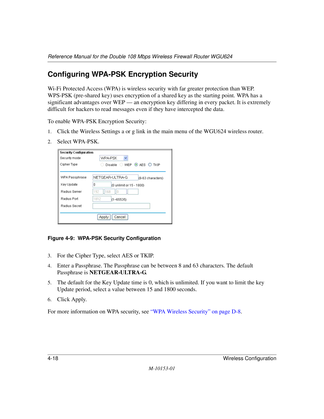 NETGEAR WGU624 manual Configuring WPA-PSK Encryption Security, WPA-PSK Security Configuration 