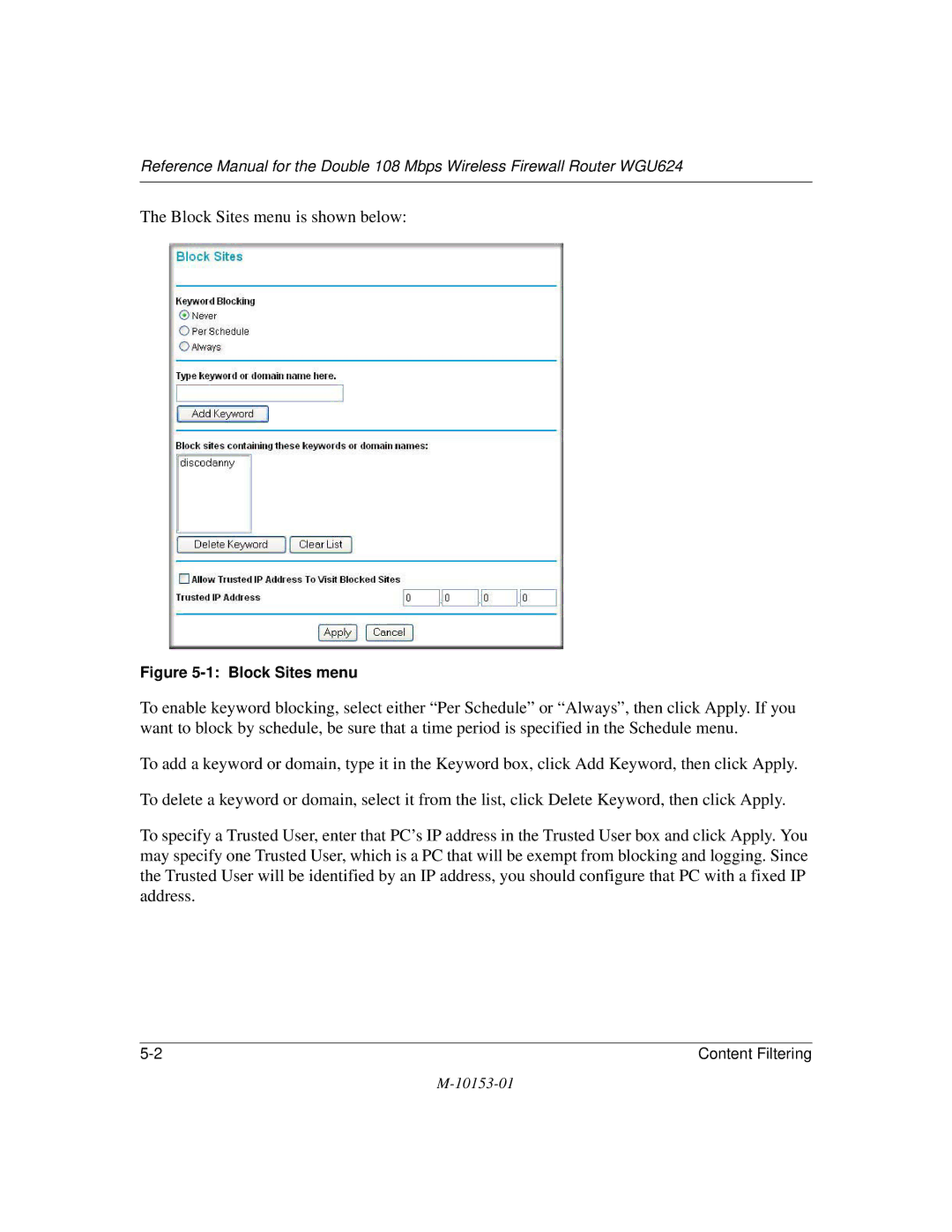 NETGEAR WGU624 manual Block Sites menu is shown below 