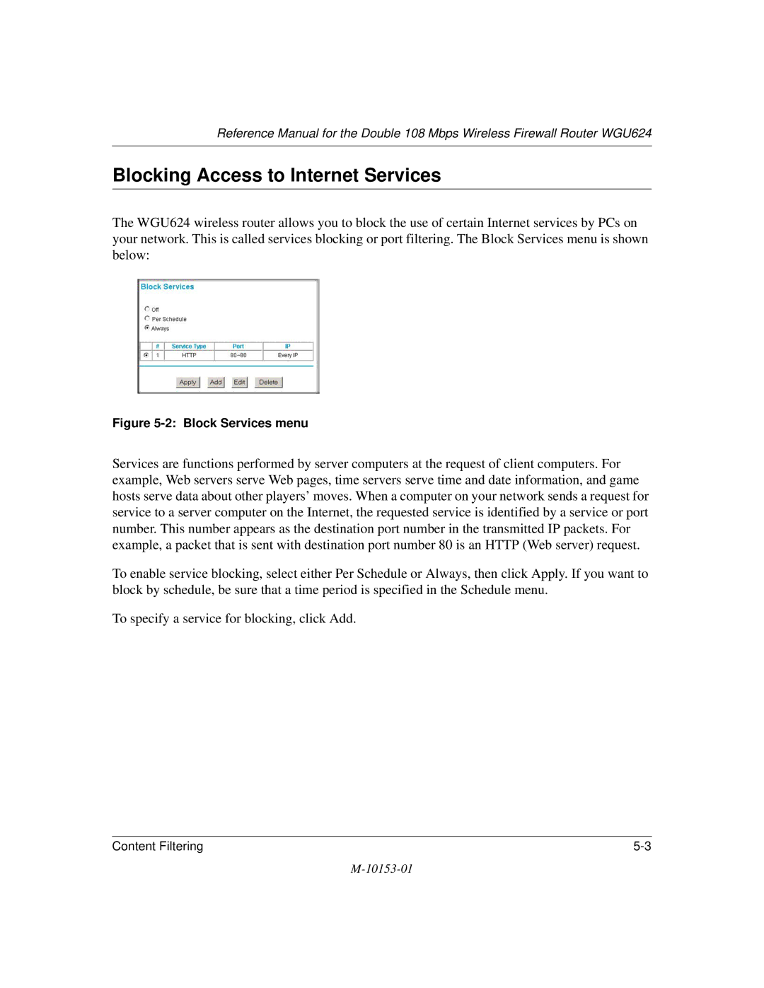 NETGEAR WGU624 manual Blocking Access to Internet Services, Block Services menu 