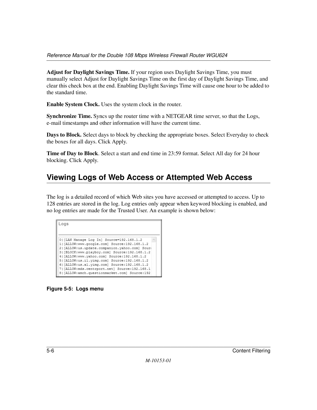 NETGEAR WGU624 manual Viewing Logs of Web Access or Attempted Web Access, Logs menu 